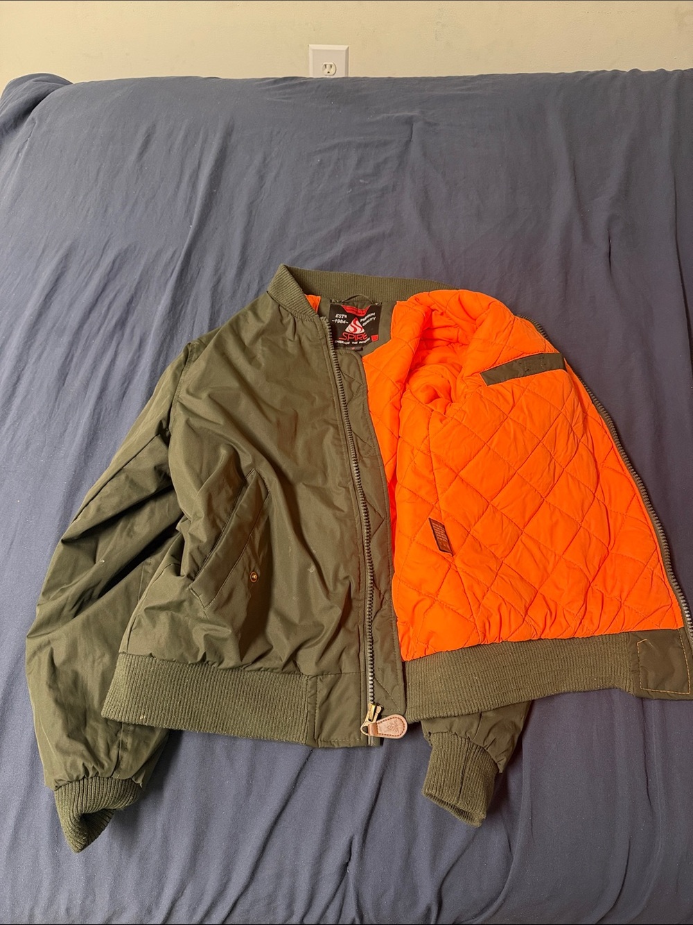 Kids Olive Green Bomber Jacket with Bright Orange Lining